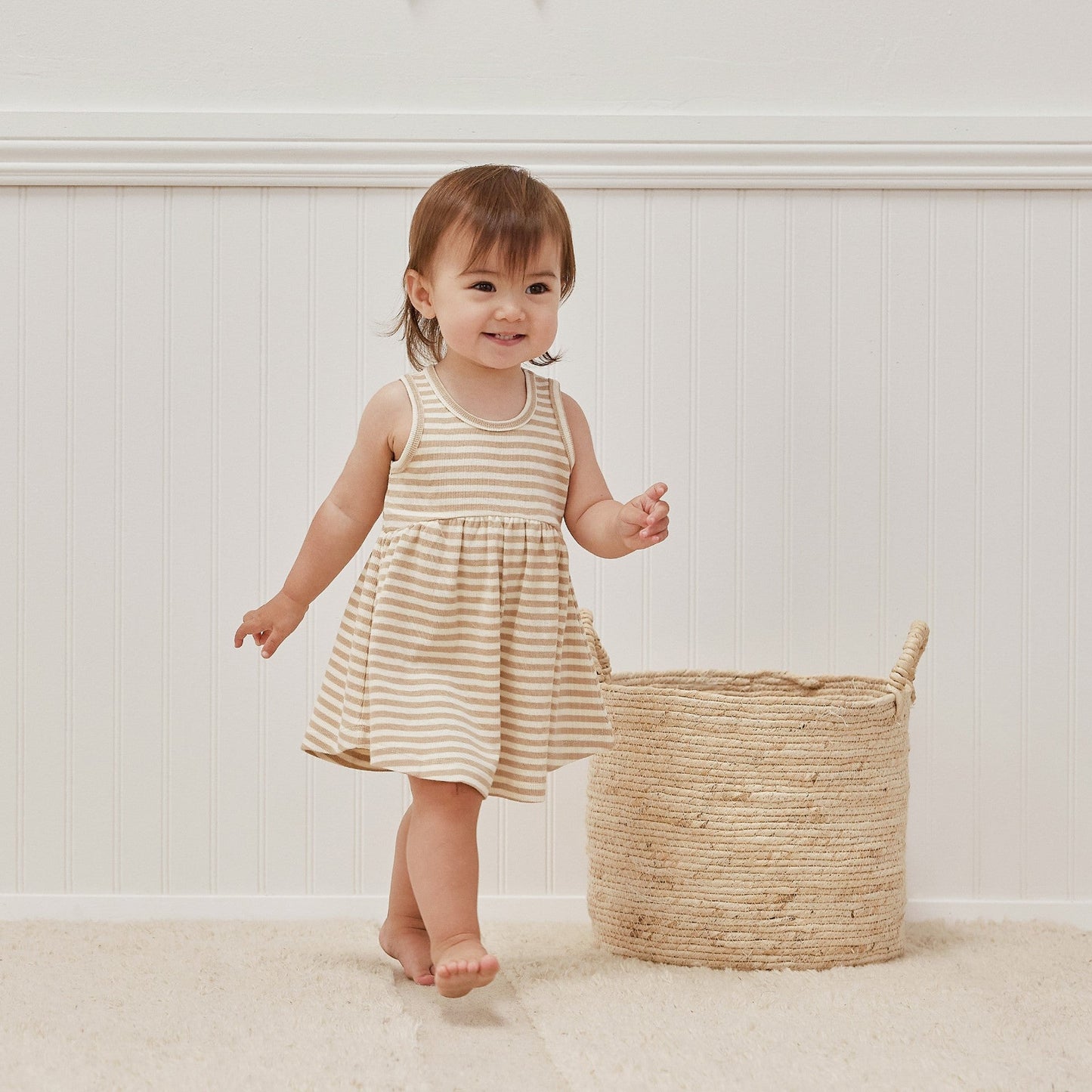 QUINCY MAE Ribbed Tank Dress Bloomer Latte Stripe ALWAYS SHOW