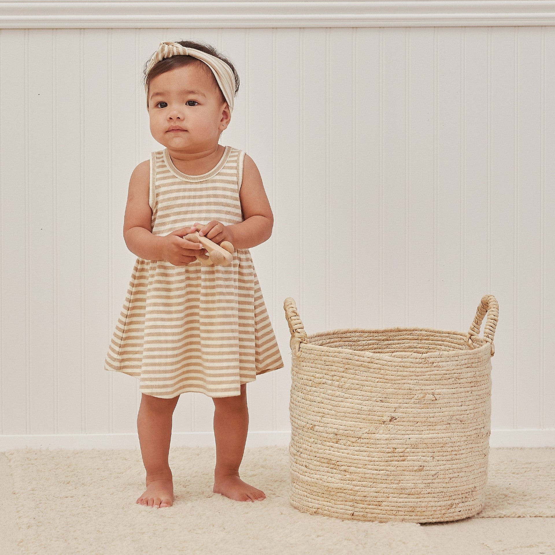 QUINCY MAE Ribbed Tank Dress Bloomer Latte Stripe ALWAYS SHOW